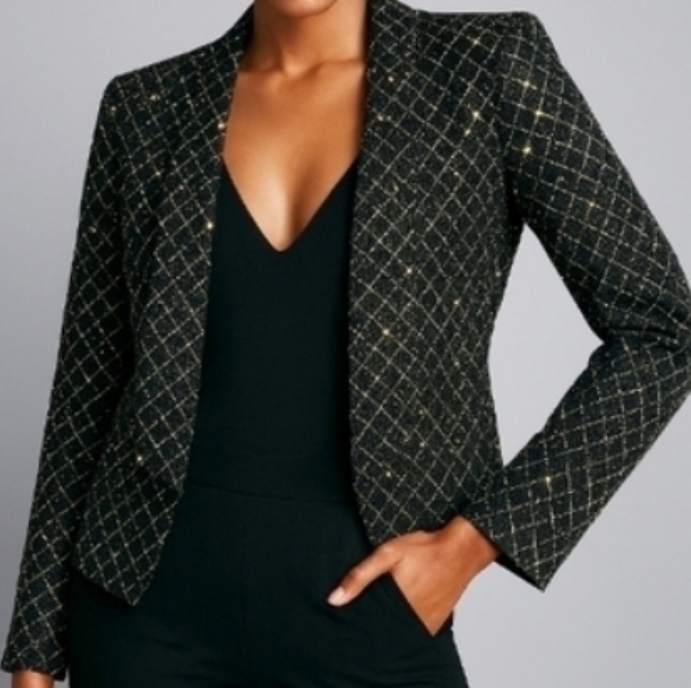En Francais Open Front Evening Jacket Black Gold 12 Lurex Diamond Detail